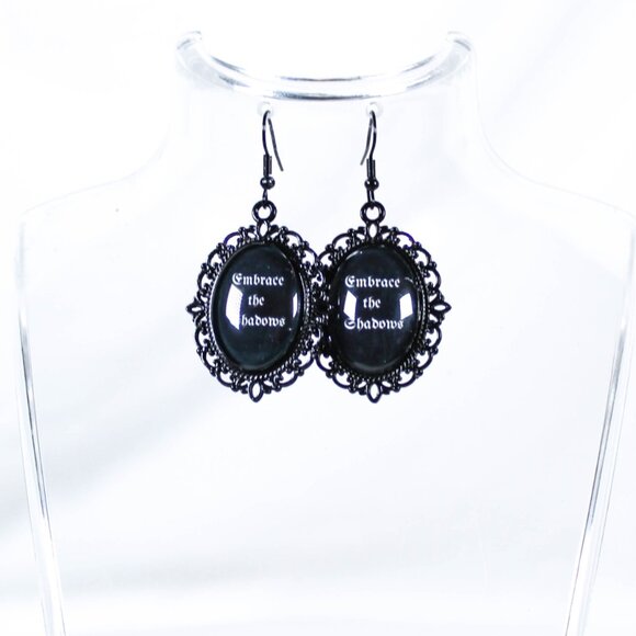 Gothic Quote Earrings – “Embrace the Shadows” Black Cameo Jewelry - Picture 3 of 4
